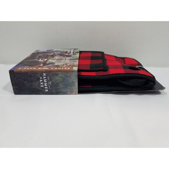Hammer + Axe 6-Pack Bottle Cooler Carrier Insulated Red & Black Plaid Design - Picture 7 of 7